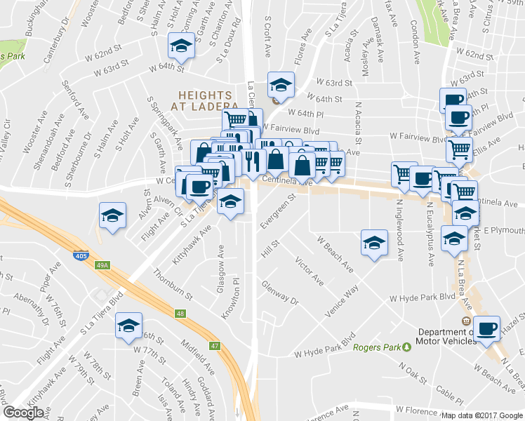 map of restaurants, bars, coffee shops, grocery stores, and more near 559 Evergreen Street in Inglewood