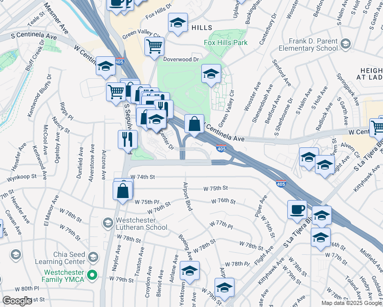map of restaurants, bars, coffee shops, grocery stores, and more near 5900 Center Drive in Los Angeles
