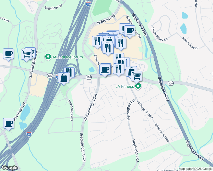 map of restaurants, bars, coffee shops, grocery stores, and more near 17 Brookview Drive in Lawrenceville