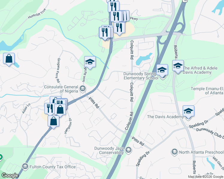 map of restaurants, bars, coffee shops, grocery stores, and more near 530 Calaveras Drive Northeast in Atlanta