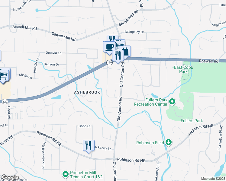 map of restaurants, bars, coffee shops, grocery stores, and more near 1011 Canton View Way in Marietta