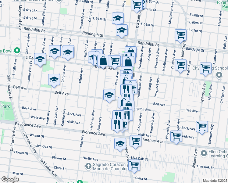 map of restaurants, bars, coffee shops, grocery stores, and more near in Bell