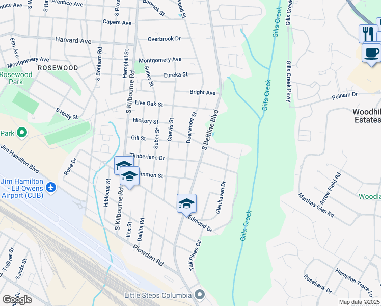 map of restaurants, bars, coffee shops, grocery stores, and more near 1116 Deerwood Street in Columbia