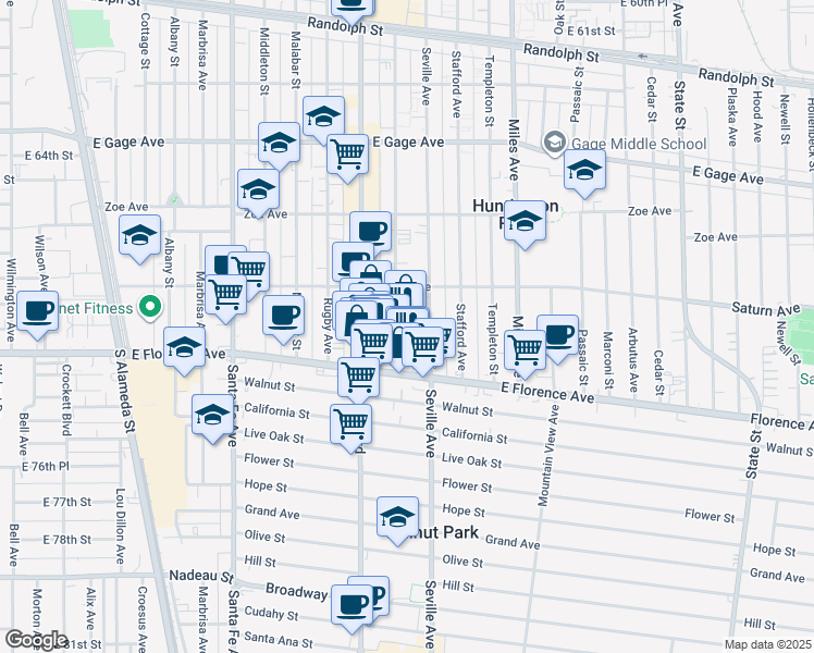 map of restaurants, bars, coffee shops, grocery stores, and more near in Huntington Park