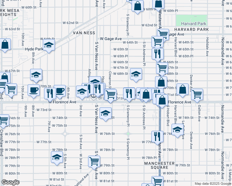 map of restaurants, bars, coffee shops, grocery stores, and more near 2049 West 71st Street in Los Angeles