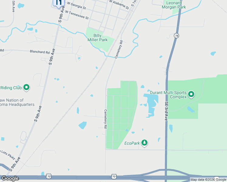 map of restaurants, bars, coffee shops, grocery stores, and more near 1620 Cemetery Road in Durant