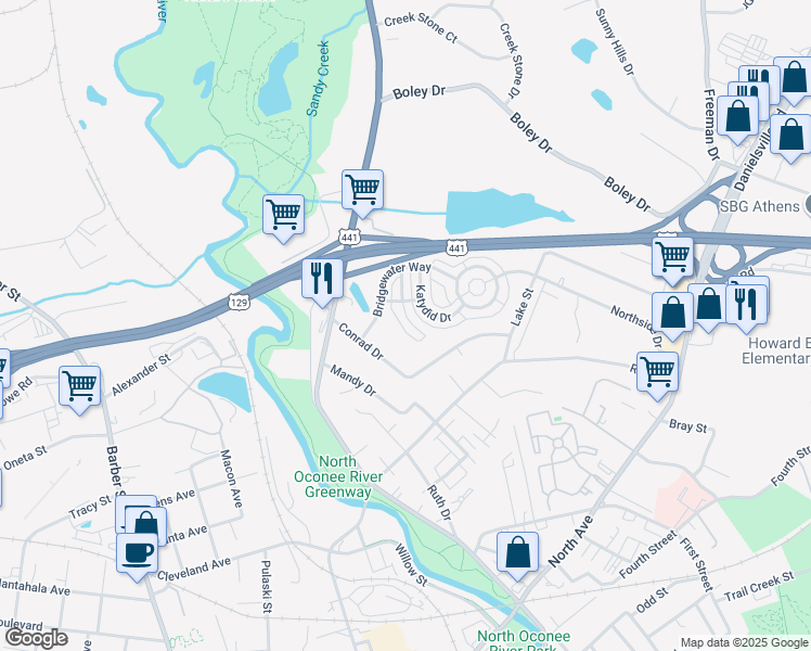 map of restaurants, bars, coffee shops, grocery stores, and more near 230 Fern Ridge Court in Athens