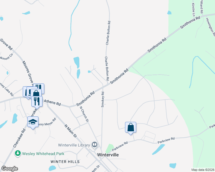 map of restaurants, bars, coffee shops, grocery stores, and more near 222 Smithonia Road in Winterville