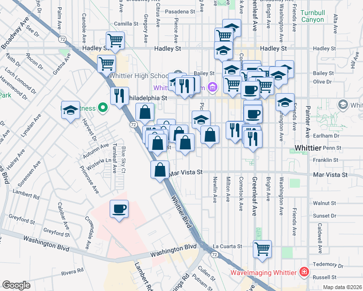 map of restaurants, bars, coffee shops, grocery stores, and more near 12411 Penn Street in Whittier