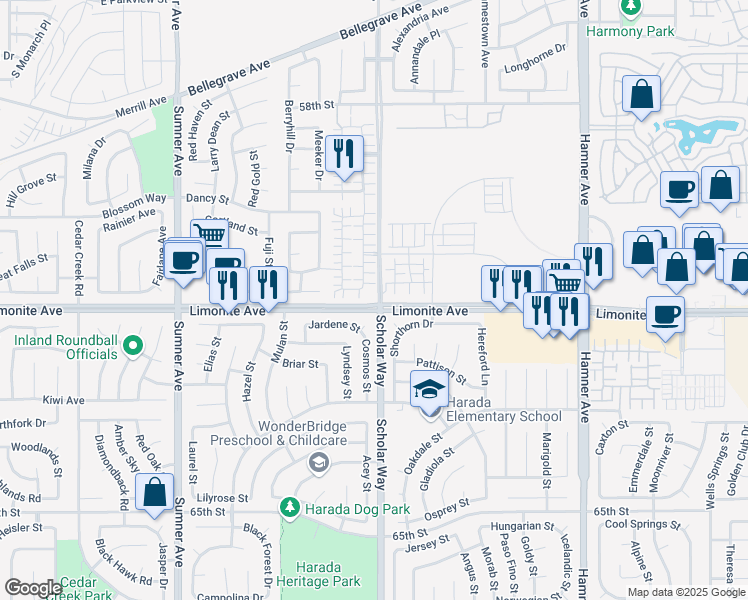 map of restaurants, bars, coffee shops, grocery stores, and more near 12741 Limonite Avenue in Corona