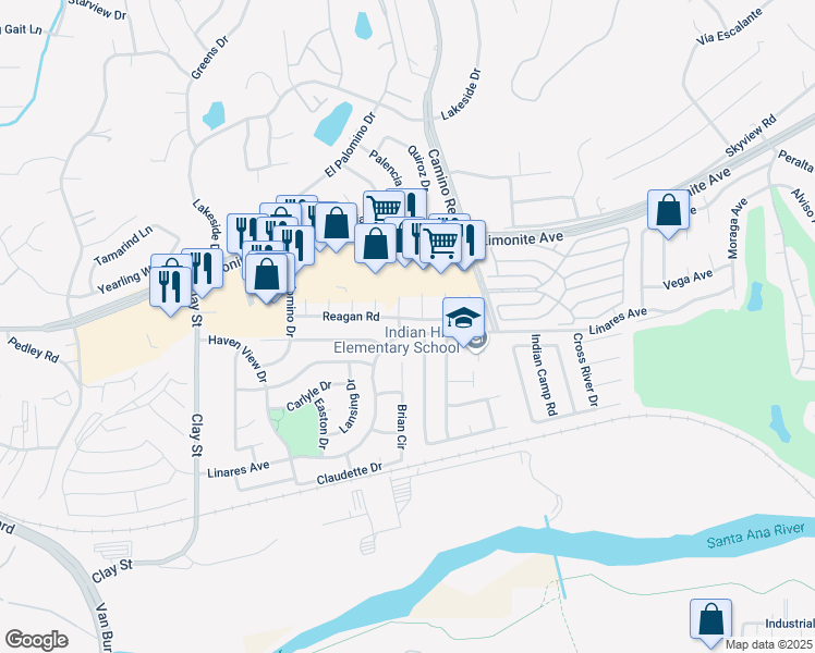 map of restaurants, bars, coffee shops, grocery stores, and more near 7848 Linares Avenue in Riverside