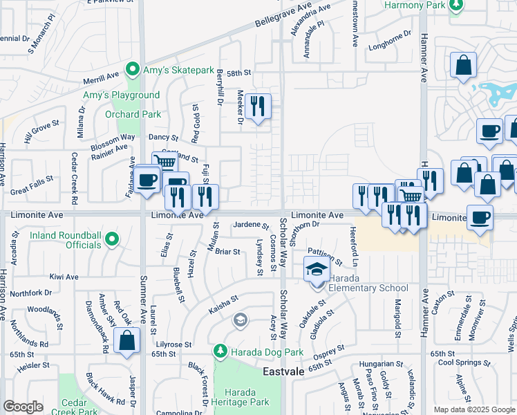 map of restaurants, bars, coffee shops, grocery stores, and more near 13058 Jardene Street in Corona
