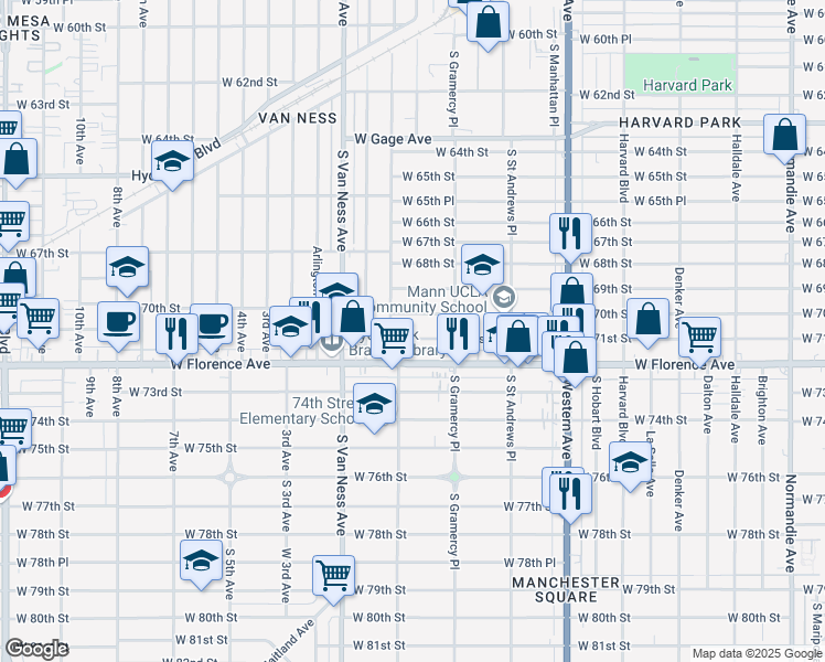 map of restaurants, bars, coffee shops, grocery stores, and more near 2049 West 71st Street in Los Angeles