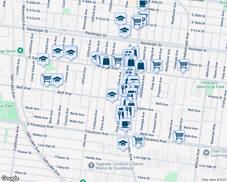 map of restaurants, bars, coffee shops, grocery stores, and more near in Bell