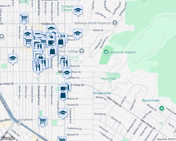 map of restaurants, bars, coffee shops, grocery stores, and more near 13737 Penn Street in Whittier
