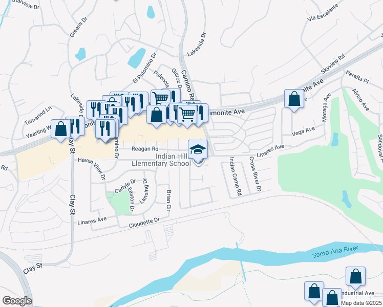 map of restaurants, bars, coffee shops, grocery stores, and more near 7750 Linares Avenue in Riverside