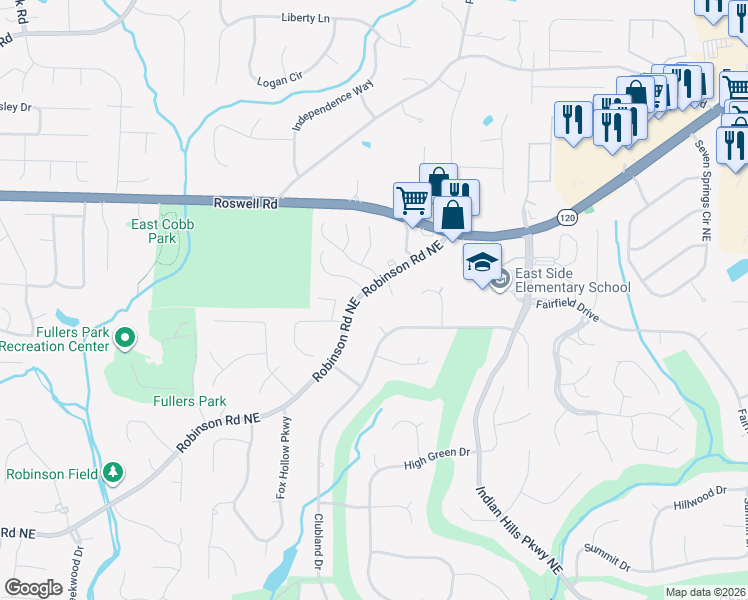 map of restaurants, bars, coffee shops, grocery stores, and more near 1020 Clubland Point Northeast in Marietta