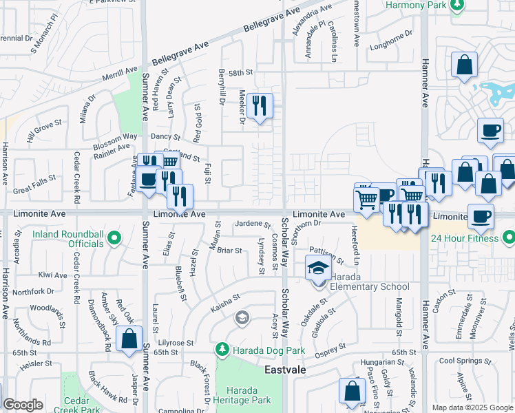 map of restaurants, bars, coffee shops, grocery stores, and more near 13085 Goldenrod Drive in Eastvale