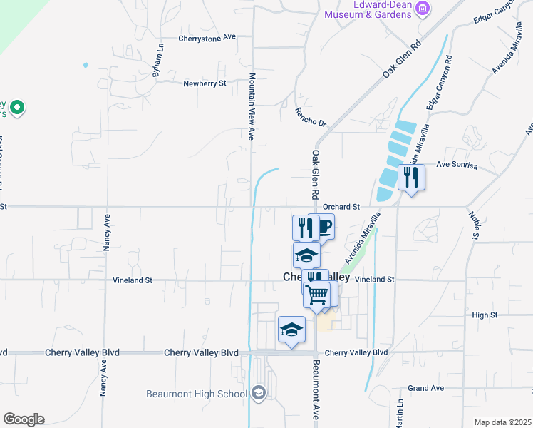 map of restaurants, bars, coffee shops, grocery stores, and more near 39045 Orchard Street in Cherry Valley