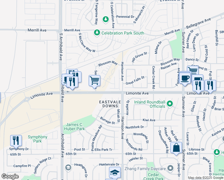 map of restaurants, bars, coffee shops, grocery stores, and more near 13873 La Pradera Way in Eastvale