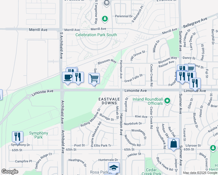 map of restaurants, bars, coffee shops, grocery stores, and more near 13893 La Pradera Way in Eastvale