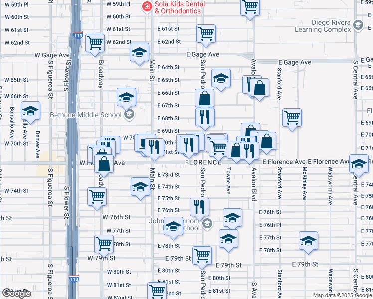 map of restaurants, bars, coffee shops, grocery stores, and more near 241 East Florence Avenue in Los Angeles