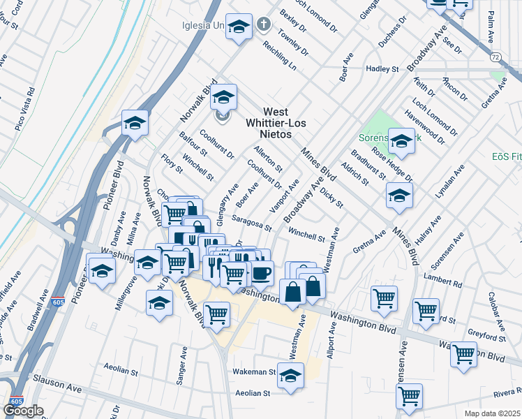map of restaurants, bars, coffee shops, grocery stores, and more near 7608 Duchess Drive in Whittier