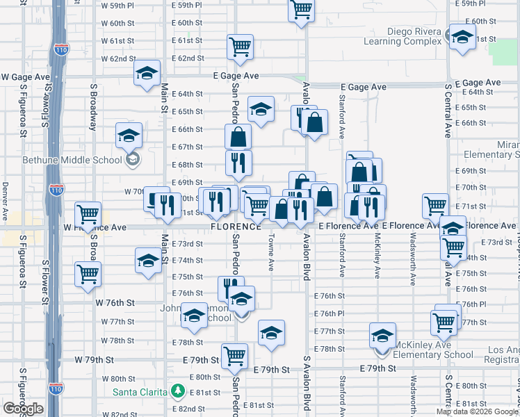 map of restaurants, bars, coffee shops, grocery stores, and more near 361 East Florence Avenue in Los Angeles