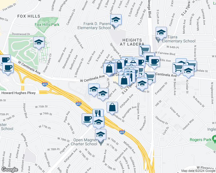 map of restaurants, bars, coffee shops, grocery stores, and more near 7100 Alvern Street in Los Angeles