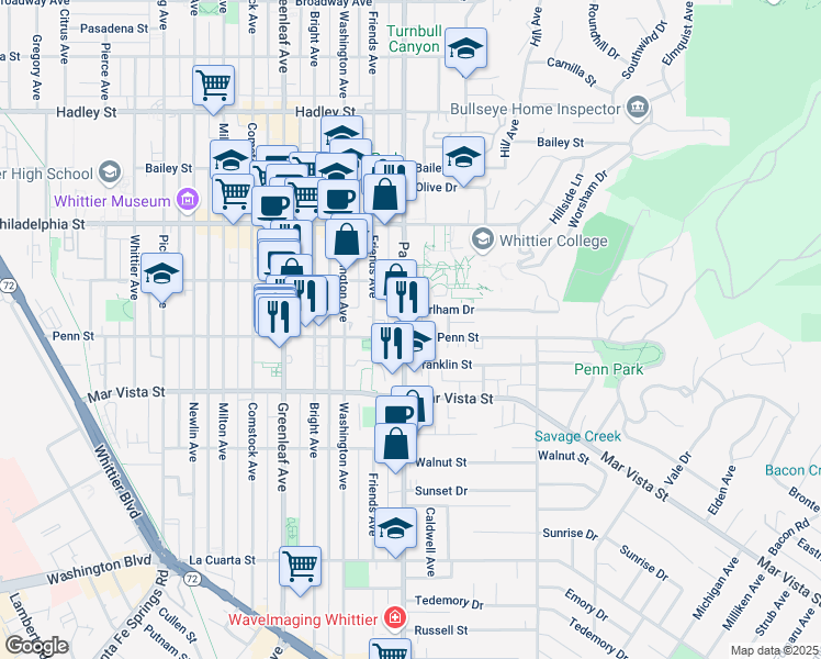 map of restaurants, bars, coffee shops, grocery stores, and more near in Whittier