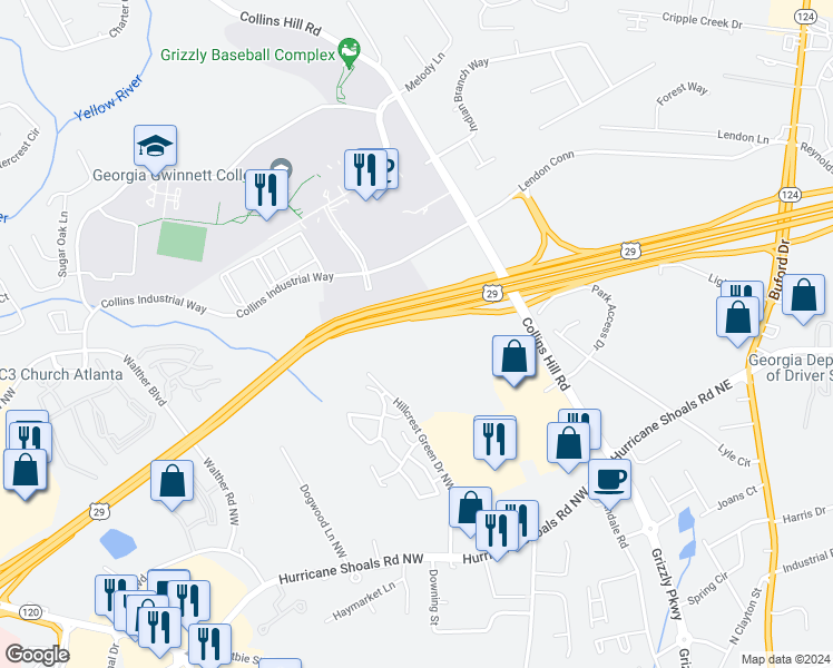 map of restaurants, bars, coffee shops, grocery stores, and more near 2305 University Parkway in Lawrenceville