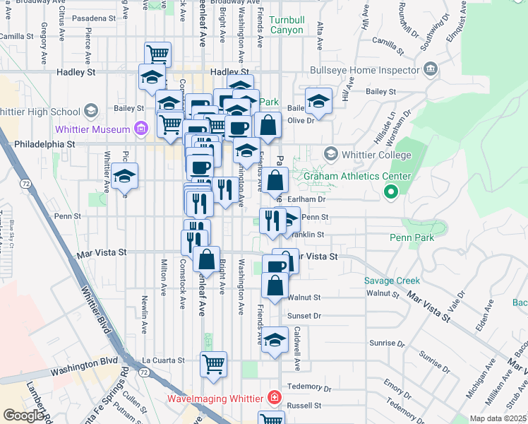 map of restaurants, bars, coffee shops, grocery stores, and more near in Whittier