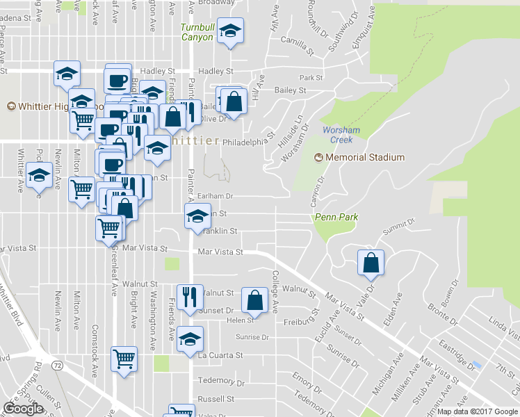 map of restaurants, bars, coffee shops, grocery stores, and more near 13737 Penn Street in Whittier