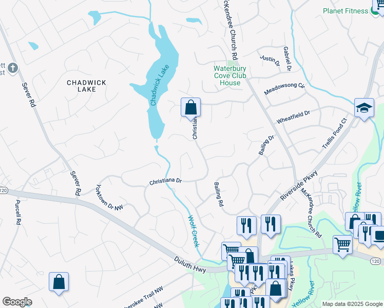 map of restaurants, bars, coffee shops, grocery stores, and more near 1490 Walnut Hill Circle in Lawrenceville