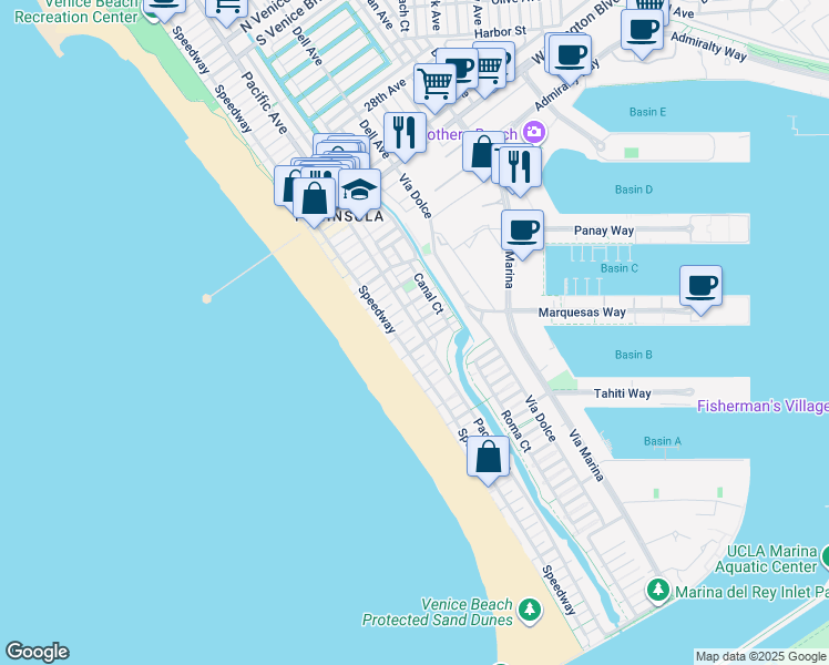 map of restaurants, bars, coffee shops, grocery stores, and more near 32 Galleon Street in Marina del Rey