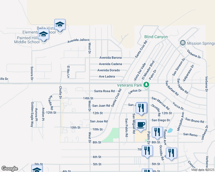 map of restaurants, bars, coffee shops, grocery stores, and more near 66089 Santa Rosa Road in Desert Hot Springs