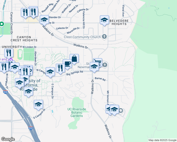 map of restaurants, bars, coffee shops, grocery stores, and more near 211 Barret Road in Riverside
