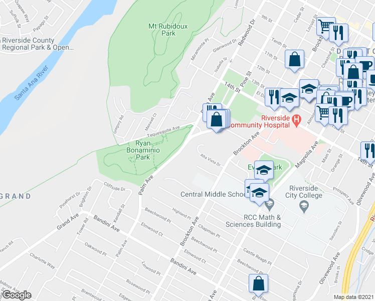map of restaurants, bars, coffee shops, grocery stores, and more near 4800 Palm Avenue in Riverside