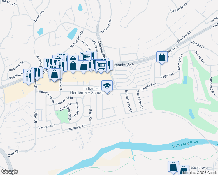map of restaurants, bars, coffee shops, grocery stores, and more near Linares Avenue in Riverside