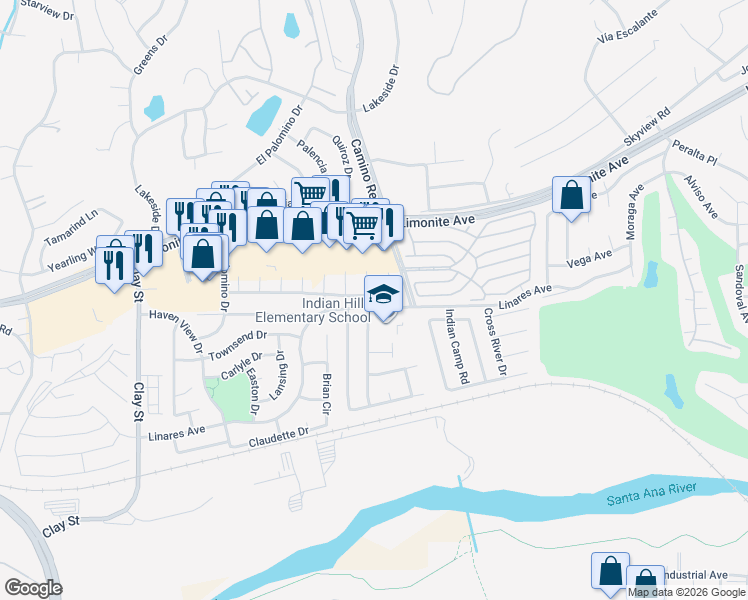 map of restaurants, bars, coffee shops, grocery stores, and more near 7750 Linares Avenue in Riverside