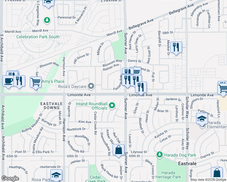 map of restaurants, bars, coffee shops, grocery stores, and more near 6213 Plum Avenue in Corona