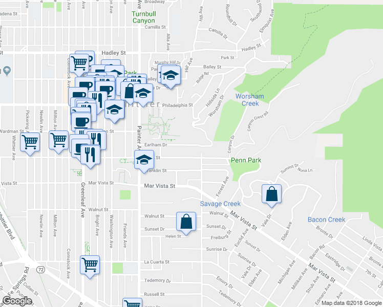map of restaurants, bars, coffee shops, grocery stores, and more near 13716 Penn Street in Whittier