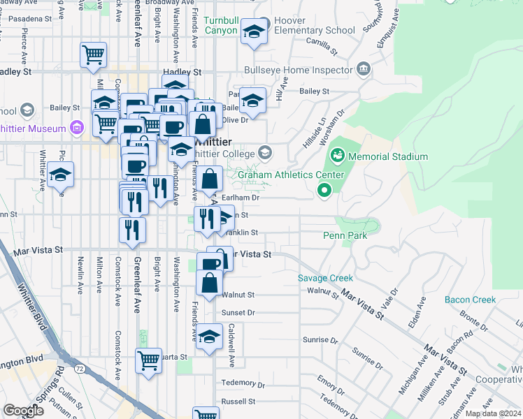 map of restaurants, bars, coffee shops, grocery stores, and more near 13606 Penn Street in Whittier