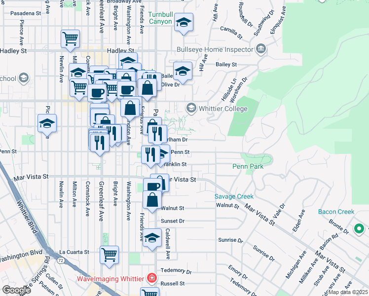 map of restaurants, bars, coffee shops, grocery stores, and more near 13606 Penn Street in Whittier