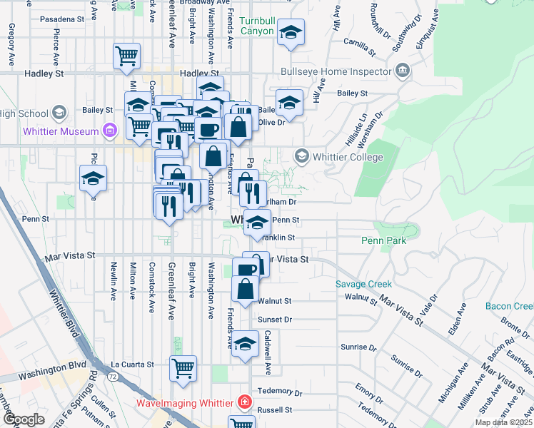 map of restaurants, bars, coffee shops, grocery stores, and more near in Whittier