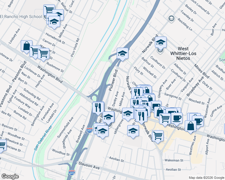 map of restaurants, bars, coffee shops, grocery stores, and more near 7746 Pioneer Boulevard in Whittier