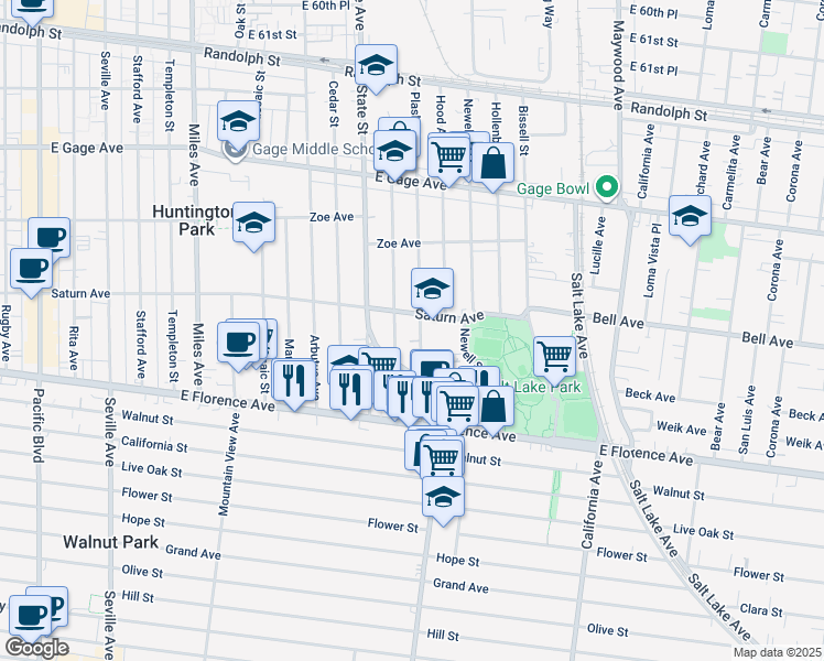 map of restaurants, bars, coffee shops, grocery stores, and more near 7001 Plaska Avenue in Huntington Park