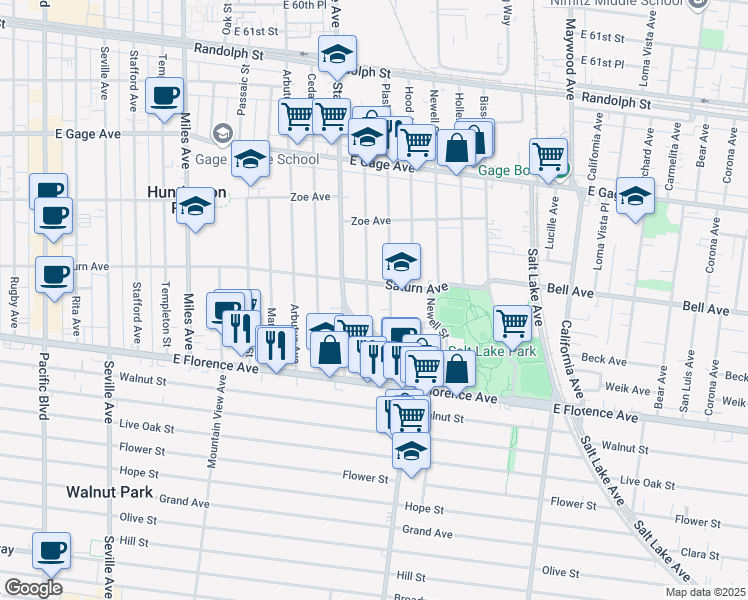 map of restaurants, bars, coffee shops, grocery stores, and more near 7001 Plaska Avenue in Huntington Park