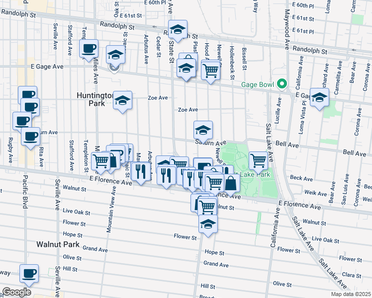 map of restaurants, bars, coffee shops, grocery stores, and more near 7016 Mission Place in Huntington Park