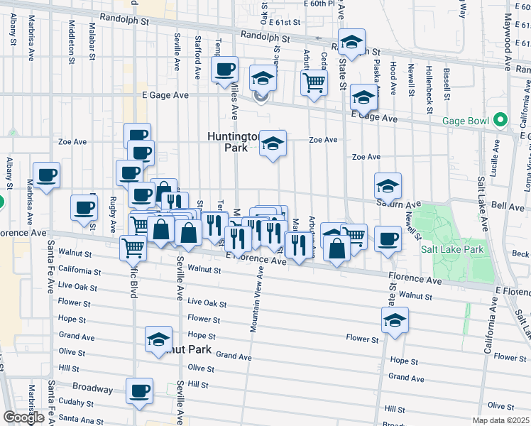map of restaurants, bars, coffee shops, grocery stores, and more near 7025 Mountain View Avenue in Huntington Park